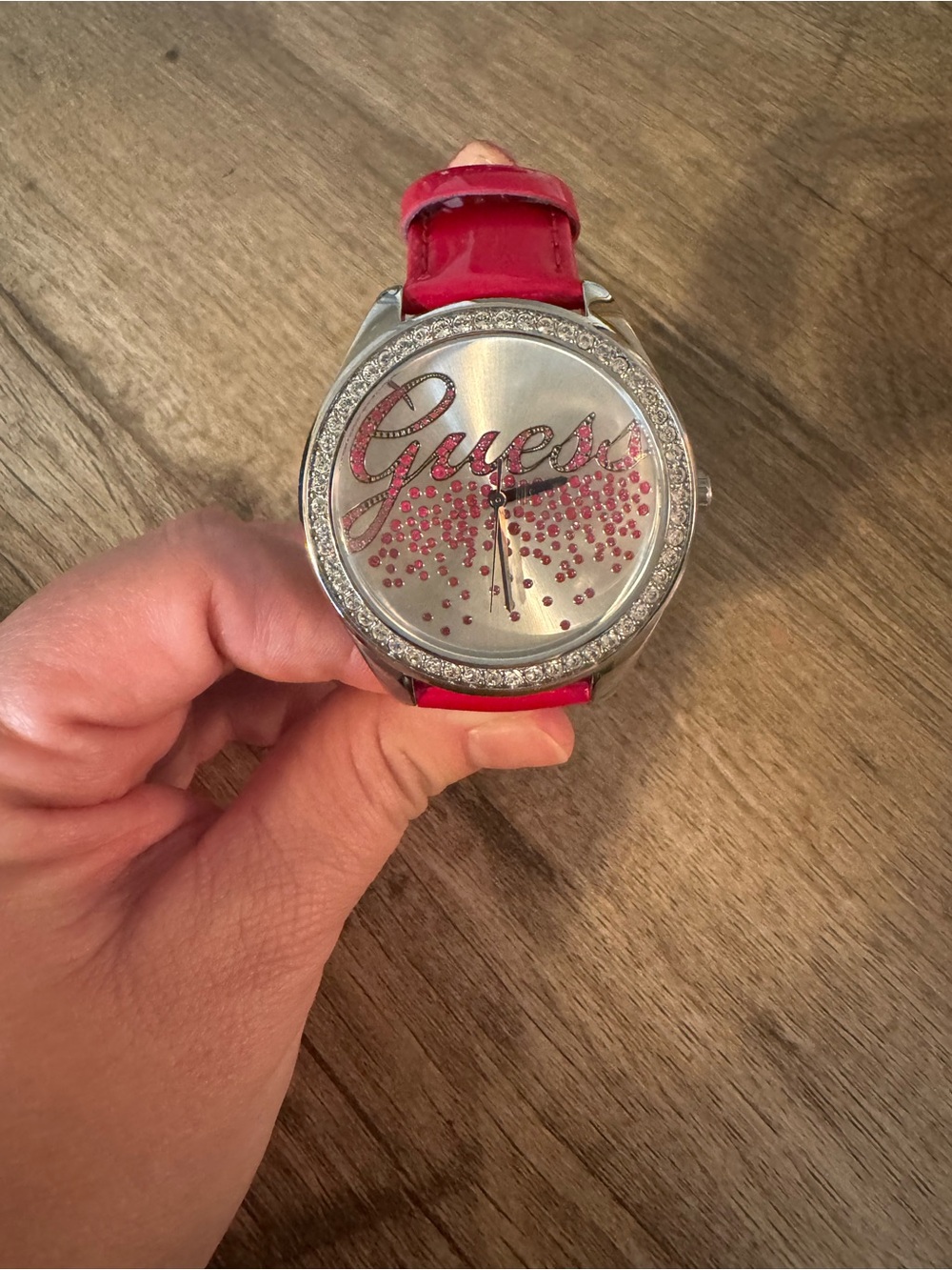 Y2K Guess Women's Pink Leather Strap Crystal Accent Watch
